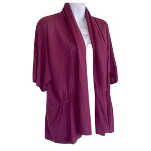 ELLEN TRACY fuchsia cardigan, drawstring waist, short sleeve, wool blend.  M